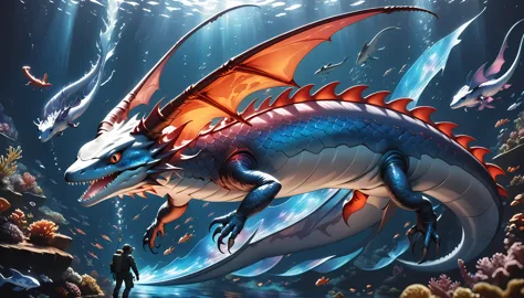 Underwater threats, Fire Dragon,salamander, solo, Fantastic magical creatures, A dark light lurking in the deep sea, Iridescent Iridescence, Holographic water flow, Cryotic Mutations, Manta-like ecology, Dynamic hunting activity, ARW, raichiyo33