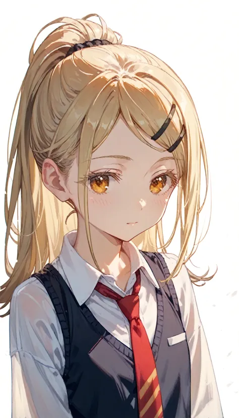 shinosawa hiro,slender,amber eyes,white eyelash,blonde hair,long hair,hairclip,white background,flat chest,necktie,black vest,po...