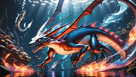 Underwater threats, Fire Dragon,salamander, solo, Fantastic magical creatures, A dark light lurking in the deep sea, Iridescent Iridescence, Holographic water flow, Cryotic Mutations, Manta-like ecology, Dynamic hunting activity, ARW, raichiyo33