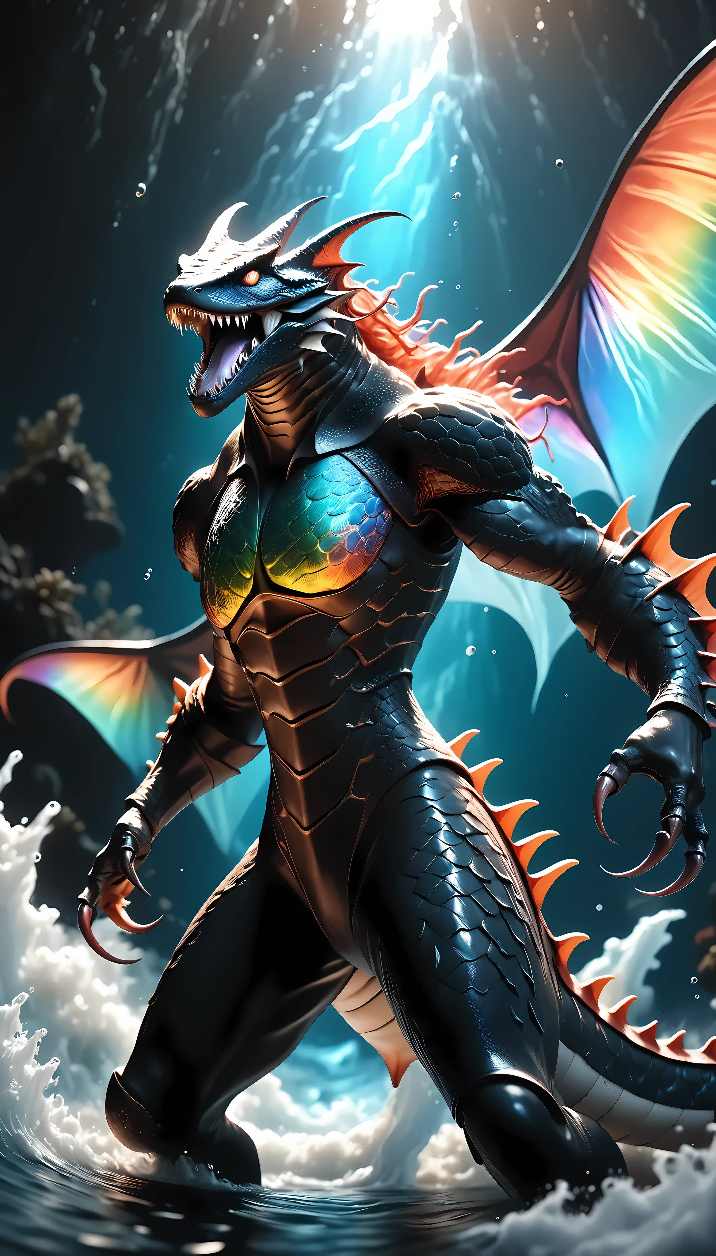 a fearsome salamander dragon in the deep sea,solo,fantastical magical creature,dark luminous deep sea,iridescent rainbow sheen,holographic water flow,cryotic sudden mutation,manta-like biology,dynamic predatory action,looming towards viewer,ARW,raichiyo33,(best quality,4k,8k,highres,masterpiece:1.2),ultra-detailed,(realistic,photorealistic,photo-realistic:1.37),dramatic lighting,cinematic composition,surreal fantasy,bioluminescent,glowing eyes,sharp claws,powerful jaws,flowing fins,dynamic pose