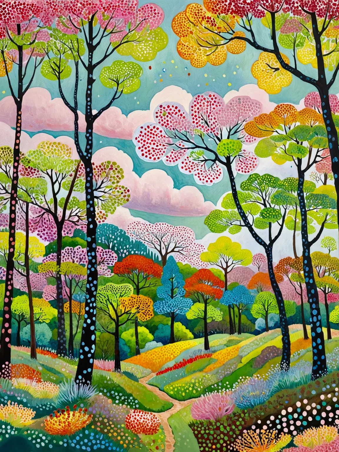 painting of a colorful landscape with trees and clouds, vibrant gouache painting scenery, whimsical forest, colorful trees, hill...