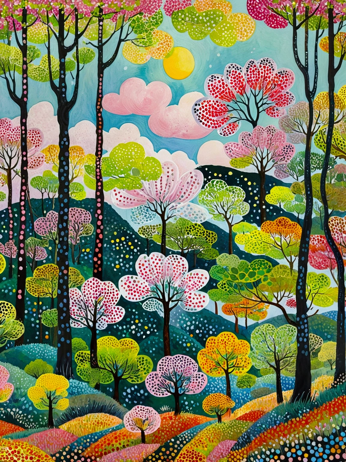 painting of a colorful landscape with trees and clouds, vibrant gouache painting scenery, whimsical forest, colorful trees, hill with trees, nature painting, bright forest, trees in the grassy hills, colorful landscape painting, detailed trees, lots of trees, painting of a forest, random forest landscape, trees with lots of leaves, inspired by Henri Rousseau, inspired by Pacita Abad