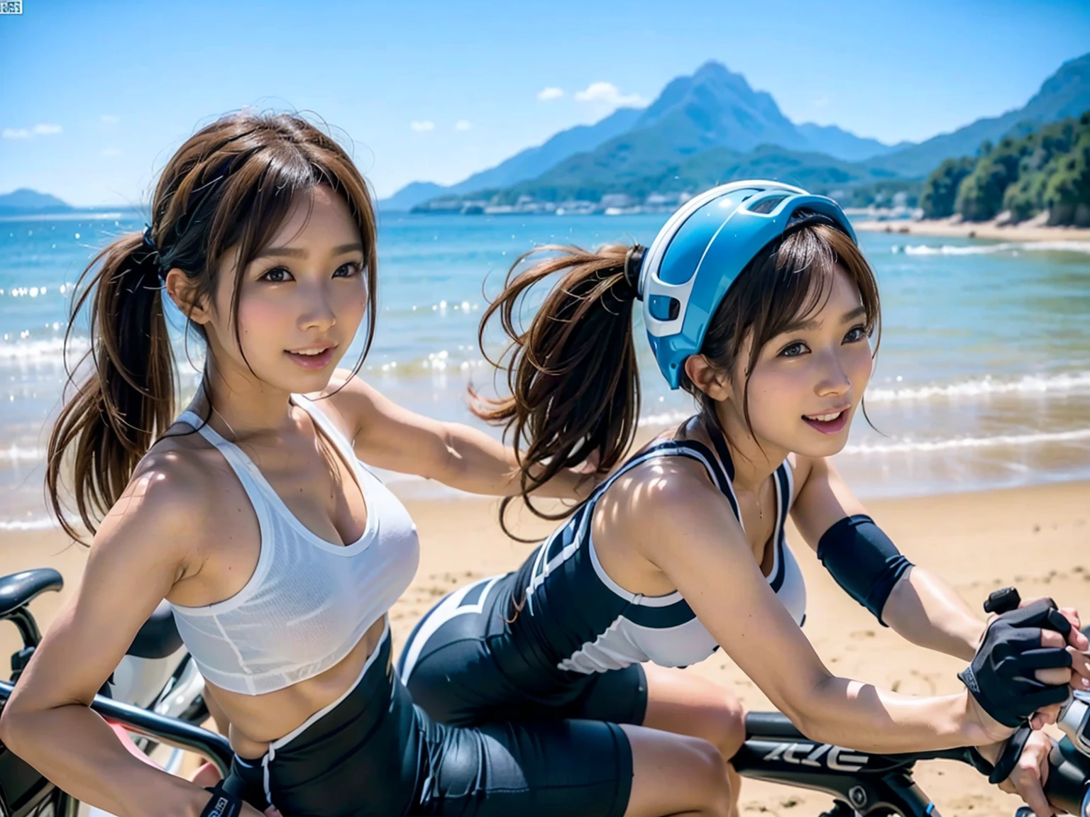 Identical twin sisters、_color_theme(1.2), During the road race，A beautiful female cyclist dynamically riding a bicycle. number, , smile, Gloss, Strong muscles, Firm look, Aerodynamic Jersey, Smooth Helmet, Focused gaze, Flowing Hair, smooth pedaling action, Intense competition, Cheering crowd, Mountains in the background of the Alps々, Challenging race routes, Professional Equipment, A high-performance road car with attention to detail, speed, Enthusiastic, Adrenaline, Glossのある, Hook of Holland, Muscular, Fitness,(whole body:1.1),Huge breasts