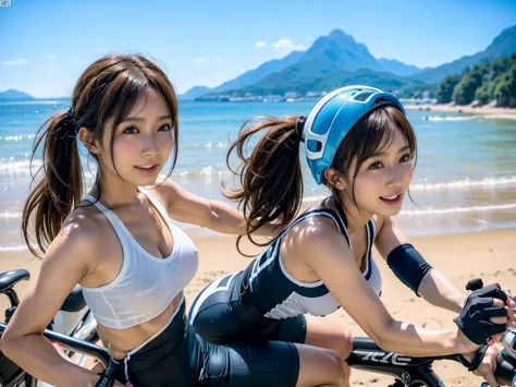 identical twin sisters、_color_theme(1.2), during the road race，a beautiful female cyclist dynamically riding a bicycle. number, ...