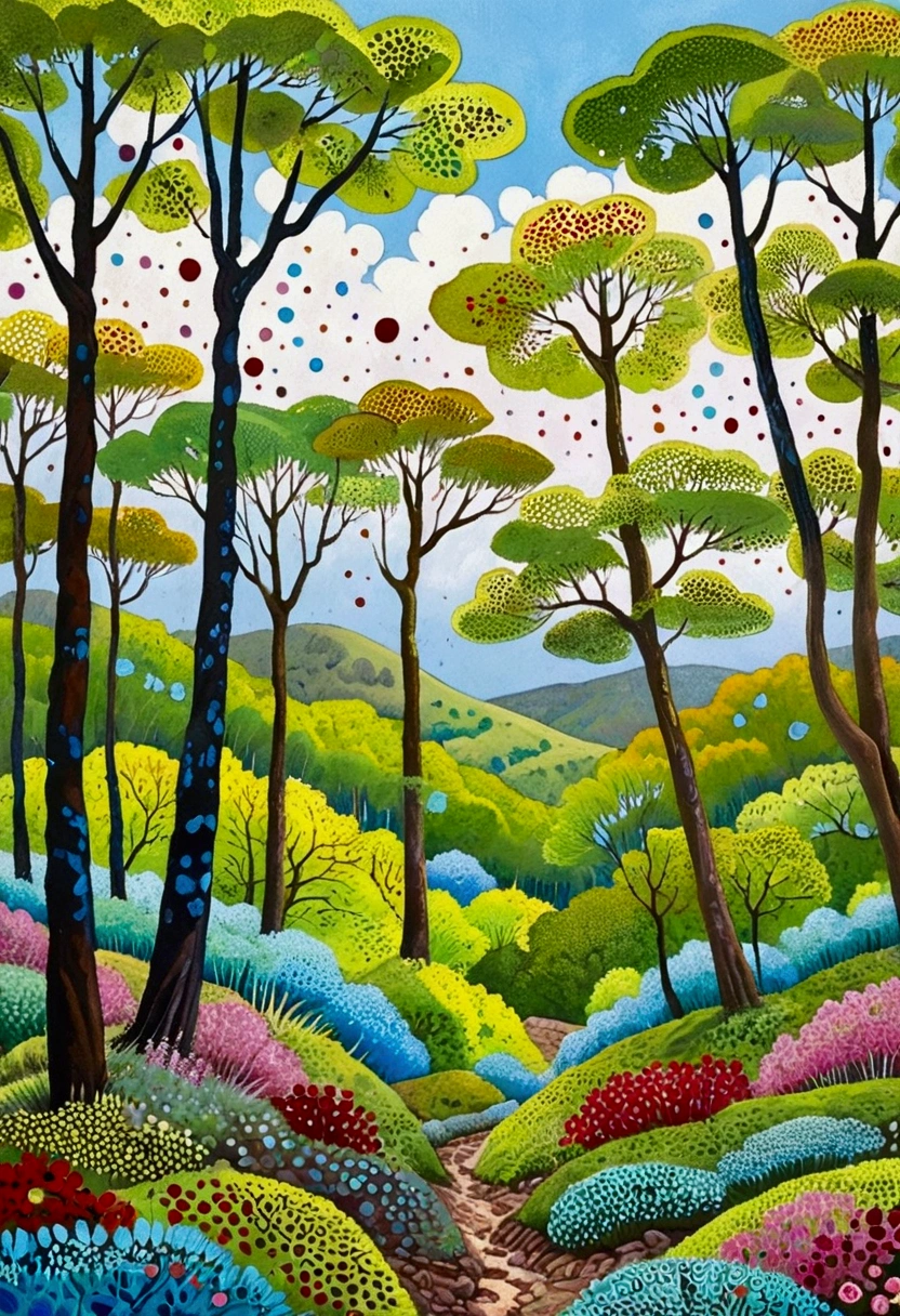 painting of a colorful landscape with trees and clouds, vibrant gouache painting scenery, whimsical forest, colorful trees, hill with trees, nature painting, bright forest, trees in the grassy hills, colorful landscape painting, detailed trees, lots of trees, painting of a forest, random forest landscape, trees with lots of leaves, inspired by Henri Rousseau, inspired by Pacita Abad