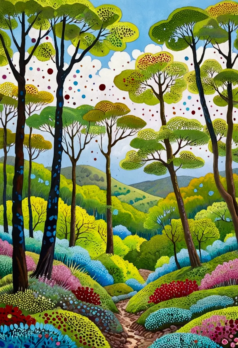 painting of a colorful landscape with trees and clouds, vibrant gouache painting scenery, whimsical forest, colorful trees, hill...