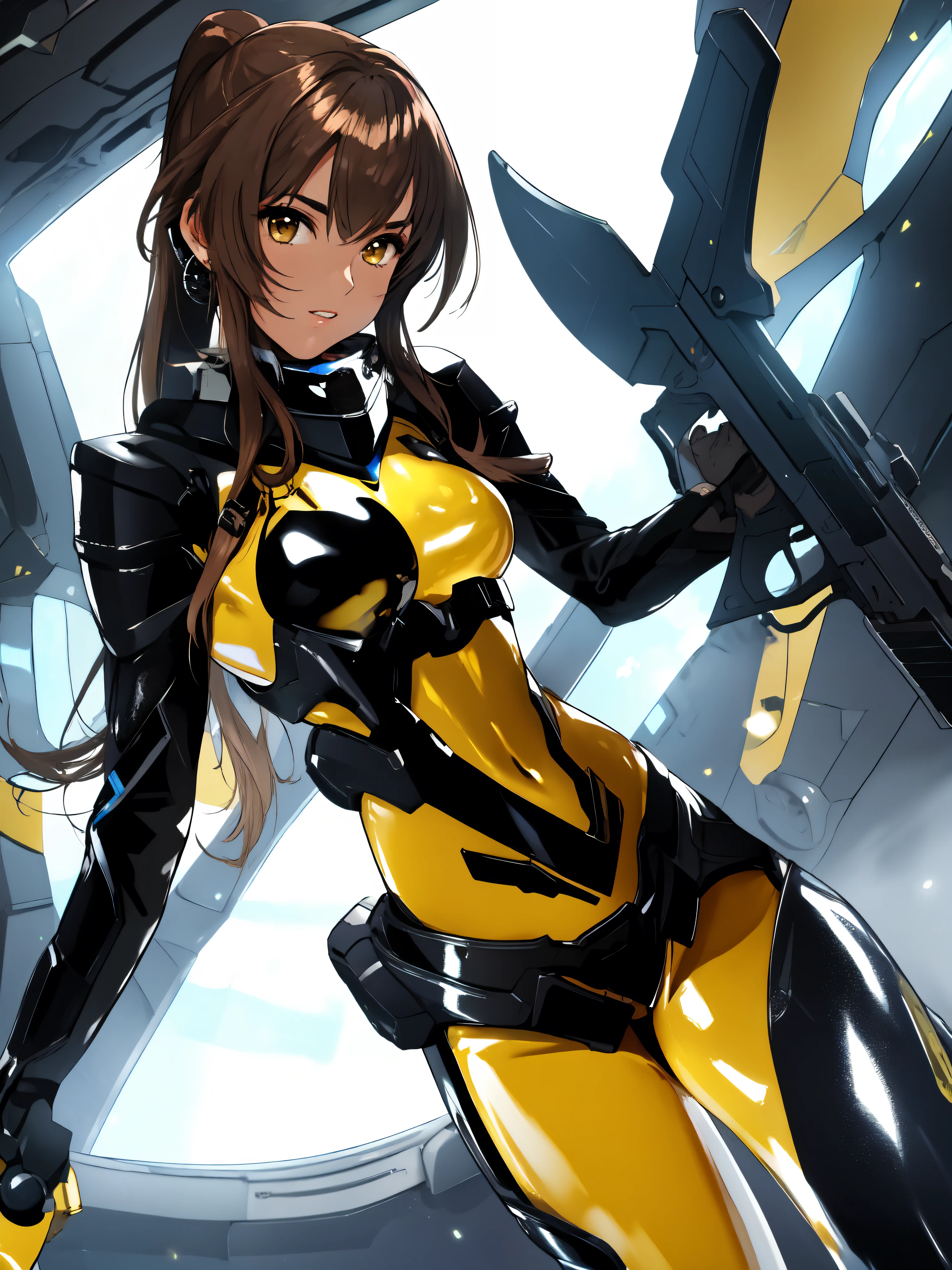 high quality, extremely detailed, perfect face, sharp face, angular face, full lips, Quna, extremely long ponytail, brown hair, brown eyes, ((brown skin, dark skin)), ((yellow latex zelsius bodysuit)), black armor, ((extremely glossy)), cyberwear, earpiece, holding weapons, ((sci-fi pistols)), ((bayonets)), surreal space background, starship interior, window
