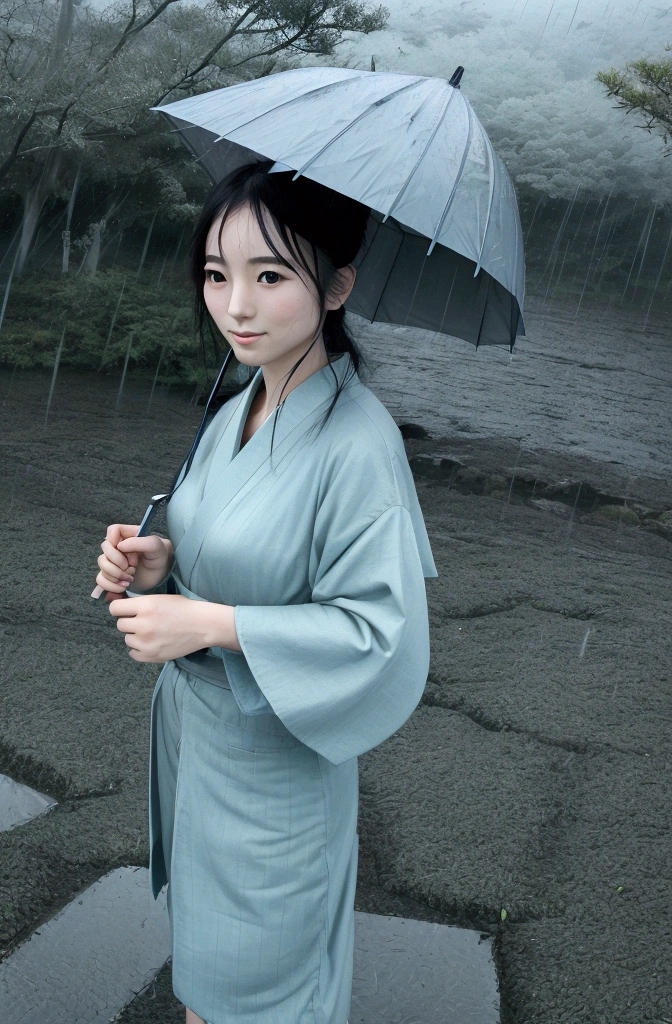 ((Highest quality)) Japanese　woman　Age 35　Rainy landscape　quiet　kind　Holding an umbrella　Perfect Fingers