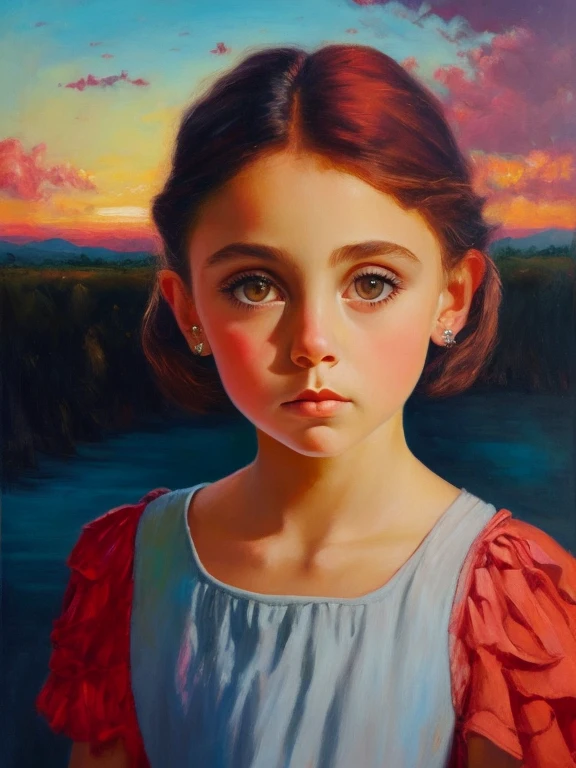 [(front portrait:1girl with big eyes and a short red+liliac harricane bob)((Harrison Fisher style))):20]/[background:landscape Baroque (crimson sunset), style Raphael], very colorful,((oil painting)),((masterpiece)),single shot,