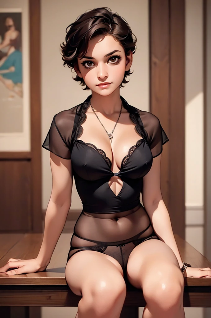 ((masterpiece, best quality)) , front，Black short hair，underwear，Good，Cleavage，Underwear, girl，teenager，Brown eyes，Provocative，Sexy，Sitting，table，table下面