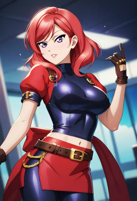 masterpiece, best quality, nishikino maki,red hair, medium hair, purple eyes , athena asamiya cosplay, big breasts, red crop top...