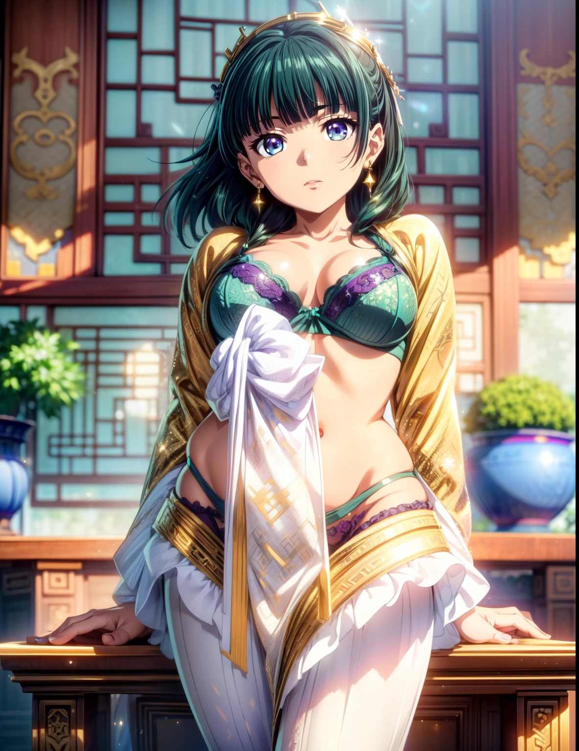 (Masterpiece, Ultra-high resolution, 8k, High Quality, Top quality, High-Detailed, Detailed CG, Cinematic Shadow, Cinematic Scene, Beautiful Detailed Eyes, Ultra Resolution, Depth of Field, High Resolution, Masterpiece: 1.2), Anime Art style Looking at the Audience, leaning forward, body tilt, from back, Dynamic Angle, Detailed Hair, Green Hair, Detailed Eyes, Blue Eyes, Purple Eye, Sparkling Eyes, Sparkling Detailed Eyes, Hair Accessory, Earrings, Slightly Blunt Bangs, Curvy, Slender, Small breasts, Slim Body, Curvy, Slender, Cleavage, thigh, (close-up shot), (Sunlight Creating a Dappled Effect), (She Is Wearing Green Lingerie With Gold Accents), Chinese Architecture Background.