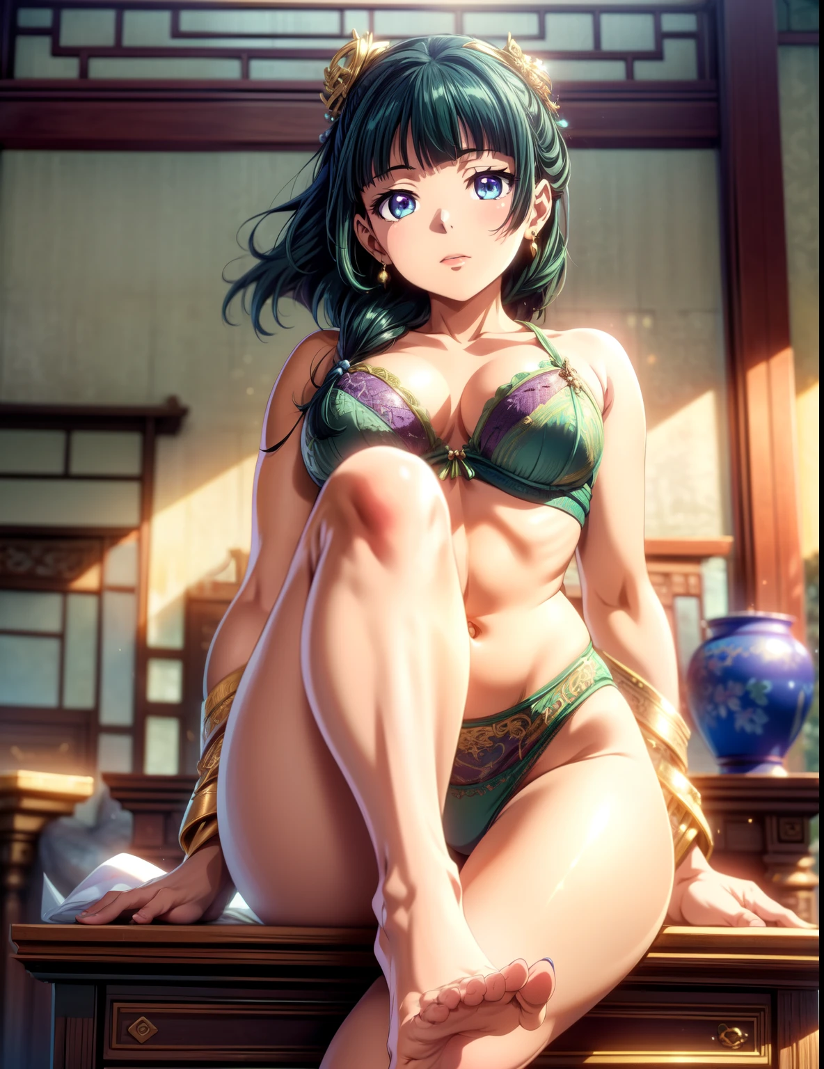 (Masterpiece, Ultra-high resolution, 8k, High Quality, Top quality, High-Detailed, Detailed CG, Cinematic Shadow, Cinematic Scene, Beautiful Detailed Eyes, Ultra Resolution, Depth of Field, High Resolution, Masterpiece: 1.2), Anime Art style Looking at the Audience, leaning forward, body tilt, from back, Dynamic Angle, Detailed Hair, Green Hair, Detailed Eyes, Blue Eyes, Purple Eye, Sparkling Eyes, Sparkling Detailed Eyes, Hair Accessory, Earrings, Slightly Blunt Bangs, Curvy, Slender, Small breasts, Slim Body, Curvy, Slender, Cleavage, thigh, feet, (close-up shot), (Sunlight Creating a Dappled Effect), (She Is Wearing Green Lingerie With Gold Accents), Chinese Architecture Background.