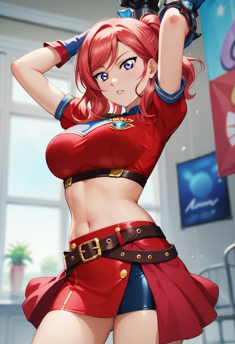 masterpiece, best quality, nishikino maki,red hair, medium hair, purple eyes , athena asamiya cosplay, big breasts, red crop top...