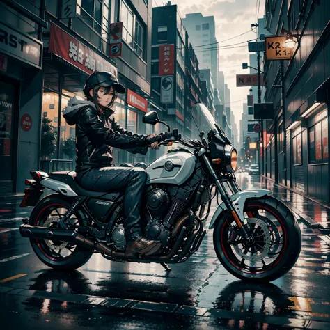 masterpiece, highest quality, a sport motorcycle, riding through a rainy city, in an 8k high-resolution image.