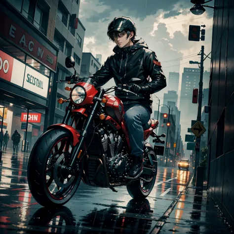 masterpiece, highest quality, a sport motorcycle, riding through a rainy city, in an 8k high-resolution image.