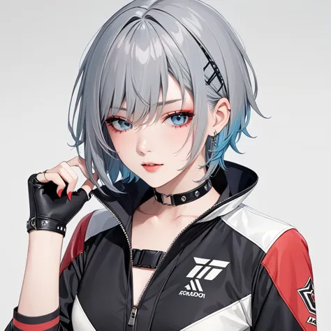 1girl, roadracer, masterpiece, highest quality, grey hair, blue eyes, short haircut, punk rock make, red_eyeshadows