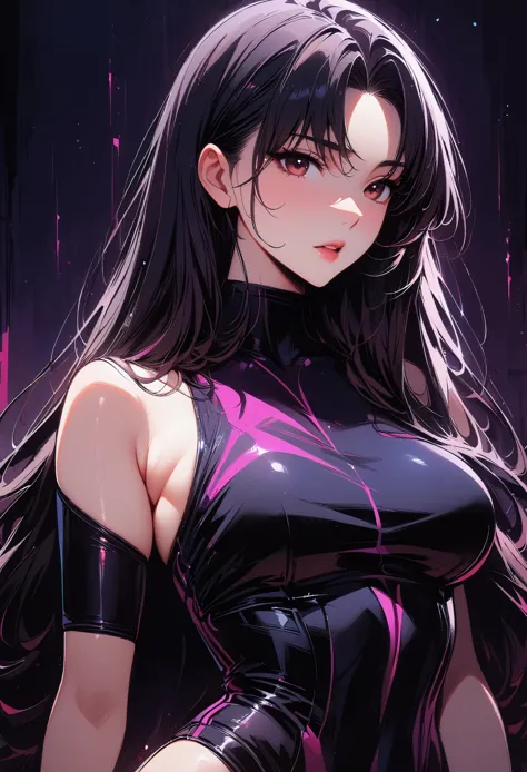 rin tohsaka，(masterpiece, best quality:1.2), black light art，1 girl, solitary，tight fit衣，chest，tight fit衣，tight fit