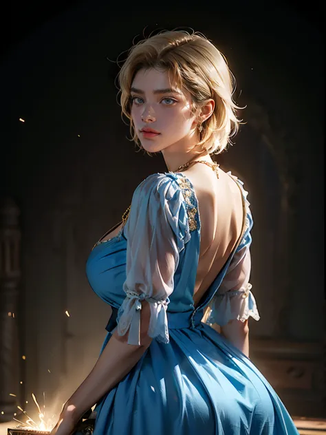 cinderella, 1, short blonde bob, male hair style, blue dress, sexy blue dress, big , big butt, gold necklace, crown, standing, r...