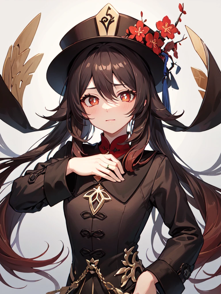 (masterpiece, sidelighting, finely detailed beautiful eyes: 1.2), masterpiece*portrait, lustrous skin,ik1, 1girl, pikkyhutao, 1girl, brown hair, long hair, symbol-shaped pupils, solo, red eyes, looking at viewer, twintails, flower, hat, long sleeves, bangs, blush, jewelry, hat flower, black headwear,full body, simple background