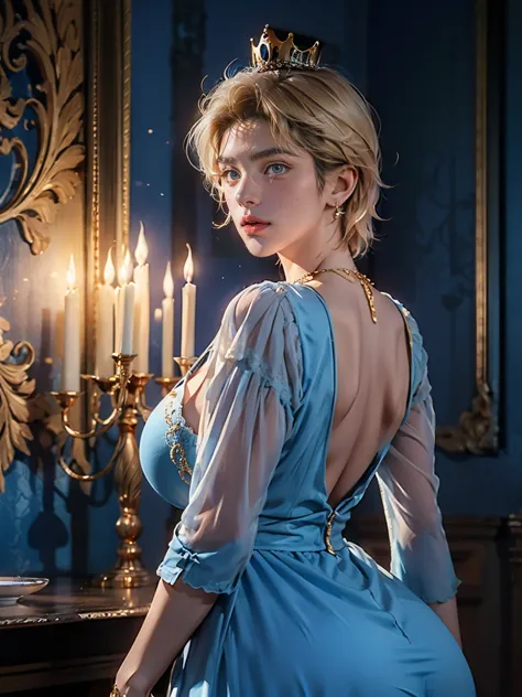 cinderella, 1, short blonde hair, male hair style, blue dress, sexy blue dress, big , big butt, gold necklace, crown, standing, ...