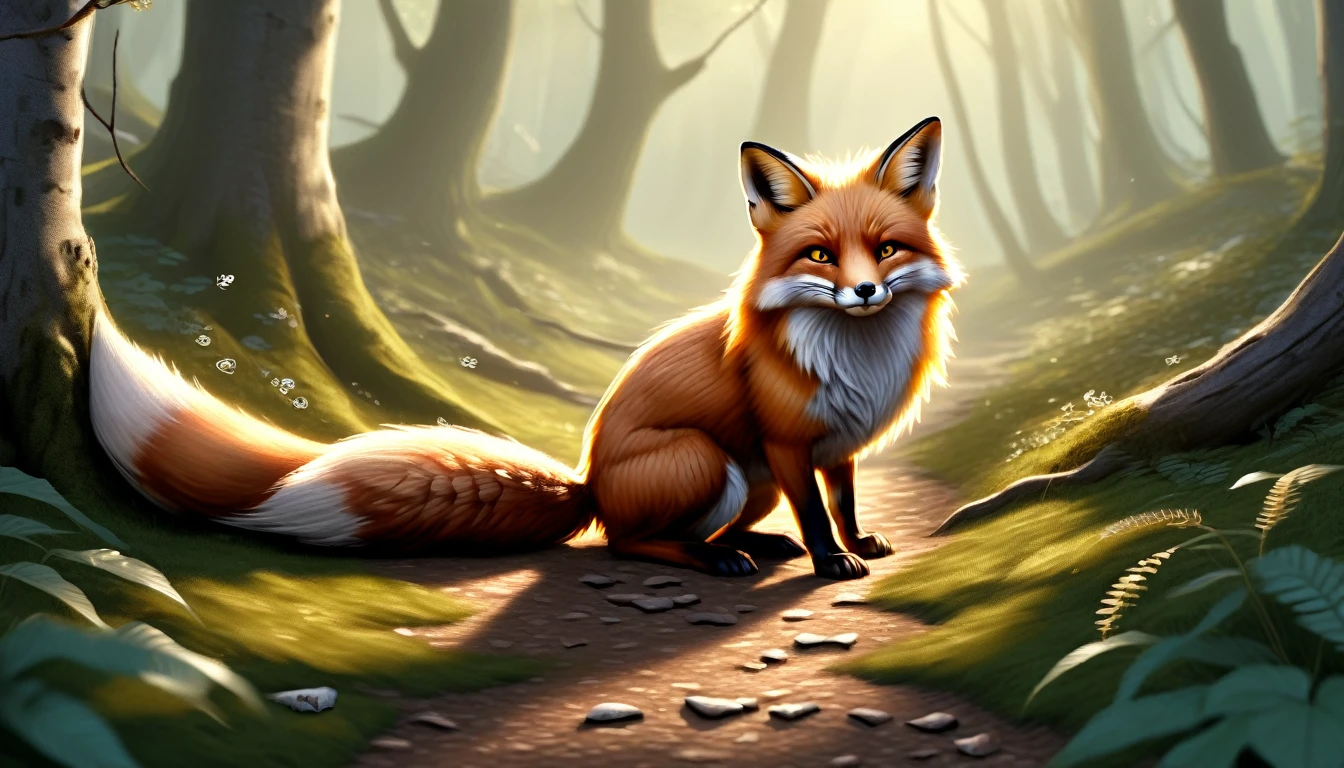 Scene 2: The cunning of the fox and the doubt in the heart of the sparrow
Image idea:

Fox: The fox is confusing the sparrow with his sly smile. It has demonic expressions around its body and tail.
sparrow: sparrow is confused, his eyes are deep in thought and he is pondering over the fox's words.
Background: The forest path, the dry leaves, the shadows of the trees, and the light sunlight falling through the branches of the trees, makes this turn of the story more interesting.