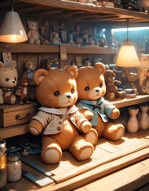 a group of teddy bears displayed on a shelf, teddy bears, stuffed animals, cute, soft, fluffy, plush, adorable, cozy, comforting...