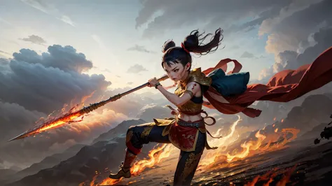 1 girl, blood on the face, angry, holding a spear, (flight), chinese mythology,cloudy, meticulous skies, blue background, (flame...