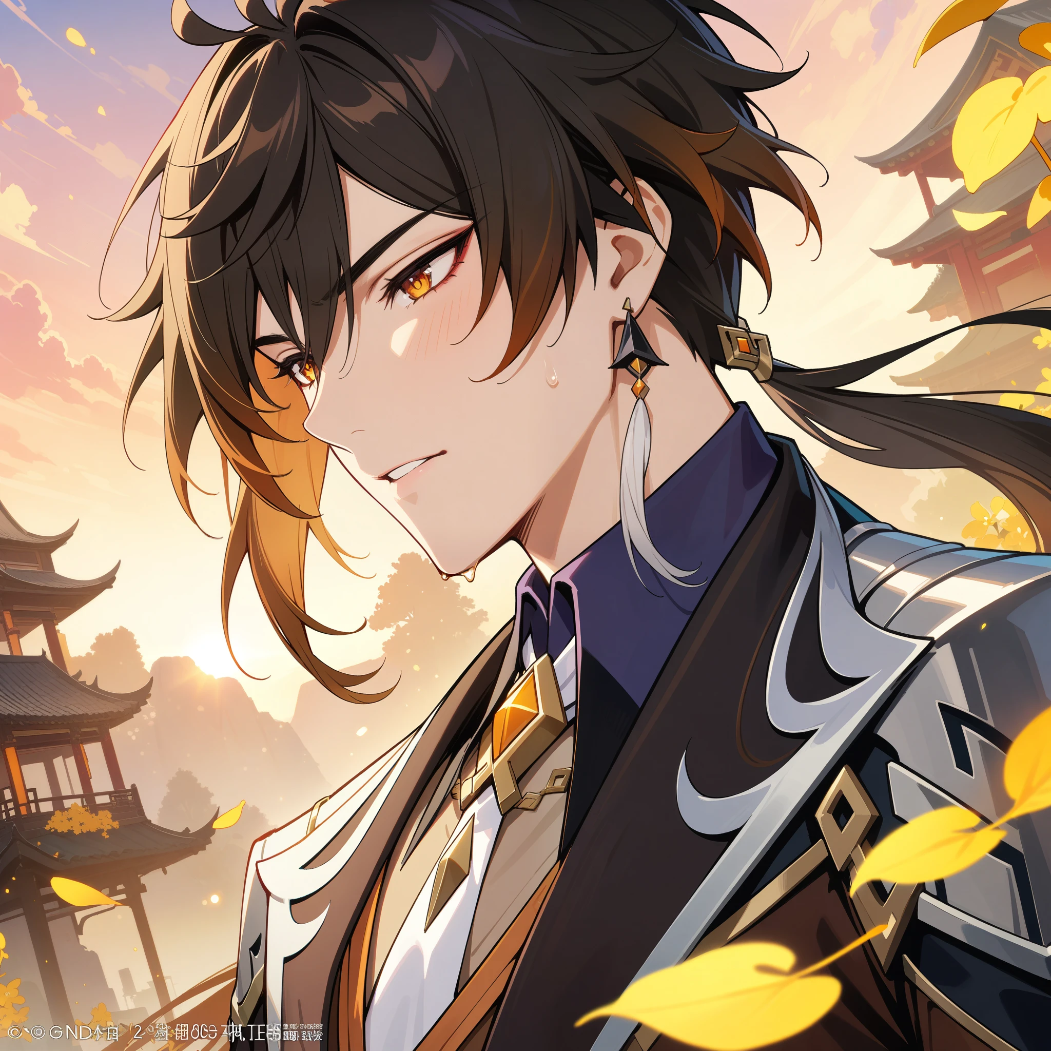 Masterpiece,very aesthetic,1boy((,zhongli)),solo,long hair in low ponytail,yellow gold eyes,male_focus,mature  male,face_focus,portrait,waist up,narrow_waist,blushing,aroused,orgasm,turned on,hot,sweating
BREAK 
illustrated by (guweiz:0.5) and (dsmile:0.35),cel shading,slim face,masamune shiro, casimir art
BREAK 
A chinese garden with orchids and stairs and trees,royal garden background,beautiful intricate anime scenery,peaceful pond with floating light particles and lotuses,((stunning sunset backdrop)),gorgeous fantasy aesthetic, rich vivid color
BREAK 
elysian realm,osmanthus,floating petals,detailed key anime art, luocha from honkai star rail, honkai star rail character,  handsome guy in demon slayer art, genshin, detailed clothes, depth of field, cinematic lighting, ray tracing, UHD, high details, high quality, award winning, super detail, (best quality,4k,8k,highres,masterpiece:1.2)