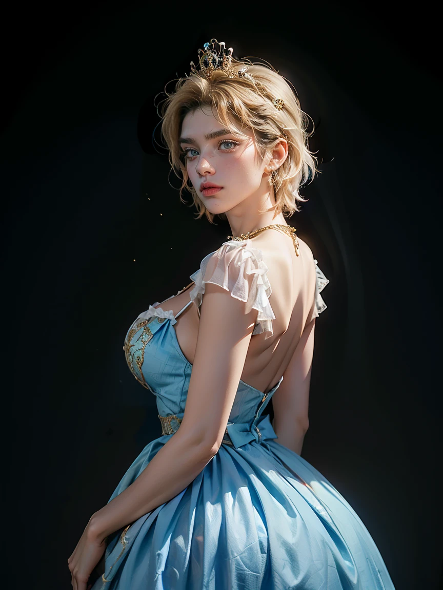 (male), Cinderella, 1, short blonde hair, male hair style, blue dress, sexy blue dress, big , big butt, gold necklace, crown, standing, Random camera angle.,Close the center of the image..., light particles, Attention to details, Grandeur and awe, cinema, A stunning visual masterpiece, double exposure, realistic, cinematic scene, Highest quality, 32ก, emphasized, cleavage, ((big breasts:)), lewd, erotic, fancy background
