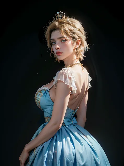 (male), cinderella, 1, short blonde hair, male hair style, blue dress, sexy blue dress, big , big butt, gold necklace, crown, st...