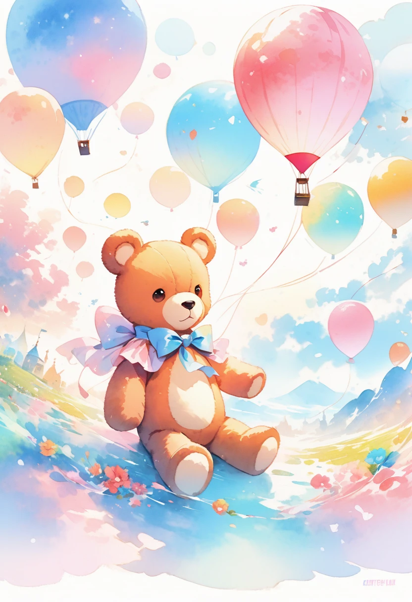 (best quality, high resolution, Watercolor realistic image of hot air balloon in the shape of teddy bear，Available in a variety of neon colors, Complex and meticulous, Energetic, Huge multi-colored smoke and bubbles surround