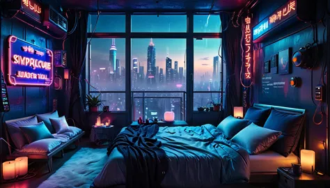 “a futuristic cyberpunk bedroom with a balcony overlooking a neon-lit cityscape at night. the room is cozy with multiple pillows...