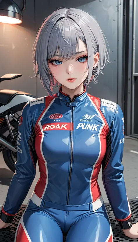 1girl, roadracer, rider suits, masterpiece, highest quality, grey hair, blue eyes, short haircut, punk rock make, red_eyeshadows