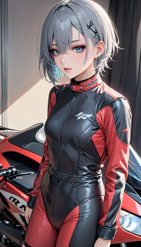 1girl, roadracer, rider suits, masterpiece, highest quality, grey hair, blue eyes, short haircut, punk rock make, red_eyeshadows