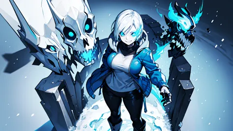 sans blue jacket black shirt fire eyes skull smile long eyelashes white short hair glowing face blue dragon skull cannon standin...