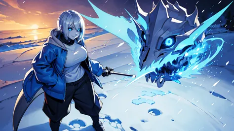 sans blue jacket black shirt fire eyes skull smile long eyelashes white short hair glowing face blue dragon skull cannon standin...