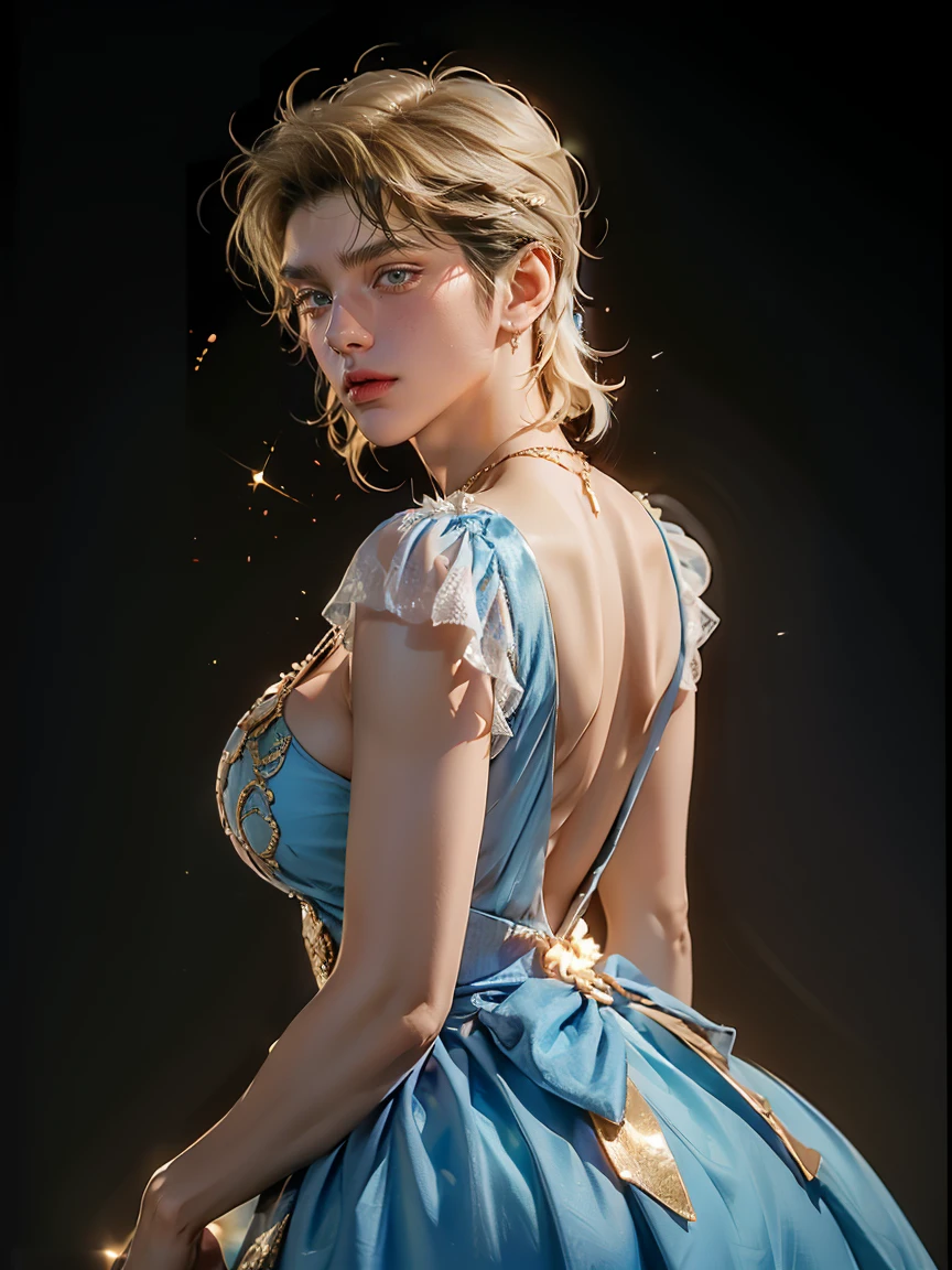 (male), Cinderella, 1, short blonde hair, male hair style, blue dress, sexy blue dress, big , big butt, gold necklace, crown, standing, Random camera angle.,Close the center of the image..., light particles, Attention to details, Grandeur and awe, cinema, A stunning visual masterpiece, double exposure, realistic, cinematic scene, Highest quality, 32ก, emphasized, cleavage, ((big breasts:)), lewd, erotic, fancy background
