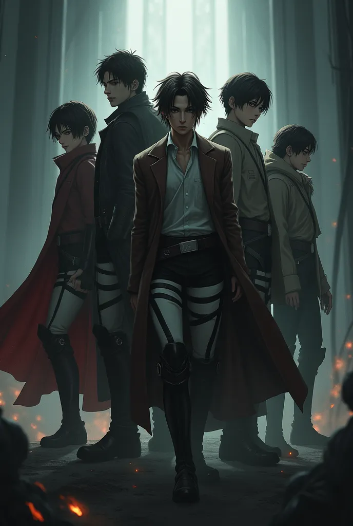 
"Create an image featuring Eren Jaeger, Anakin Skywalker, Light Yagami, and Paul Atreides. The theme should be dark, with an aura of power and a somber atmosphere."