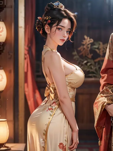 (male), 1, short dark hair, male hair style, sexy chinese dress, big boobs , big butt, crown, standing, random camera angle.,clo...