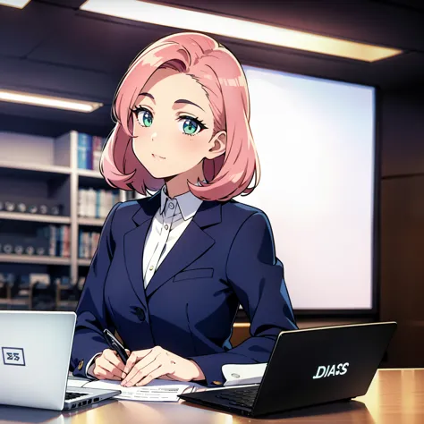 js_information,headlines,in the news studio,sit at the table,1 girl,laptop on the desk,documents on desk,jacket,pink hair,