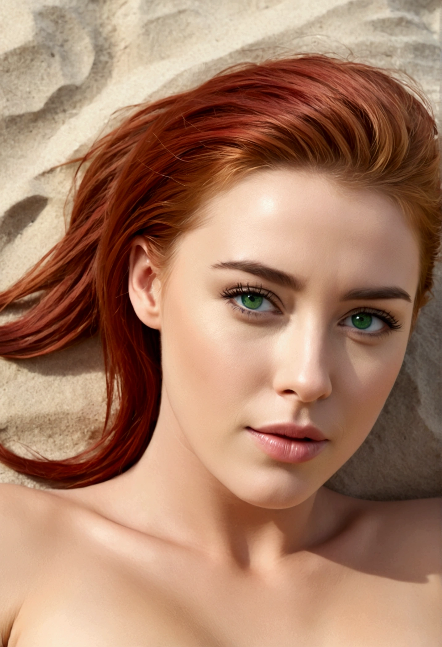 Masterpiece, girl, red hair, green eyes, looking shy, amber heard, pixie, naked,  lying in sand on Beach