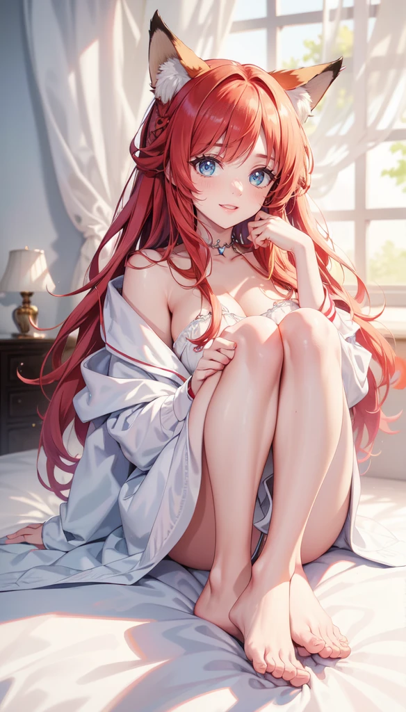 A cute 2 fox girl with blue eyes, long red hair, Fox ears and a fox tail. She is full of life, Dear, friendly and always happy. She wears cute pajamas, consisting of a cuddly, pastel-colored pajamas and matching fluffy slippers. She sits in a sweet, relaxed pose either on the couch or on the bed, surrounded by soft pillows. Her facial expression is friendly and gentle, while she smiles happily into the camera. The image should be highly detailed, with HDR and Ultra 8K resolution, about the texture of their clothes, ihre Dearenswerte Pose und die gemütliche Atmosphäre des Raums perfekt darzustellen. , ,High resolution, ​masterpiece, best quality, Multiple awards, HD Model, , good quality, uhd, textured skin, super detailed, best AI technology, Full body focus, perfect legs, perfect face, perfect eyes, perfect light, Dynamic Light, Natural light, Pretty, perfect face,(​masterpiece:1.2), (best quality:1.2), (Very aesthetically pleasing:1.2), (most absurd:1.2), (detailed background),Latest,KI-generiert, Intricate detailing, best quality, High resolution, super detailed, uhd, textured skin, Raytracing, anime-style, , best AI technology, Full body focus, perfect legs, perfect face, perfect eyes, perfect light, Dynamic Light, Natural light, Pretty, perfect face,(​masterpiece:1.2), (best quality:1.2), (Very aesthetically pleasing:1.2), (absurdeste:1.2), (detailed background),Latest,KI-generiert, elaborate details, best quality, High resolution, super detailed, uhd, textured skin, Raytracing, anime-style

