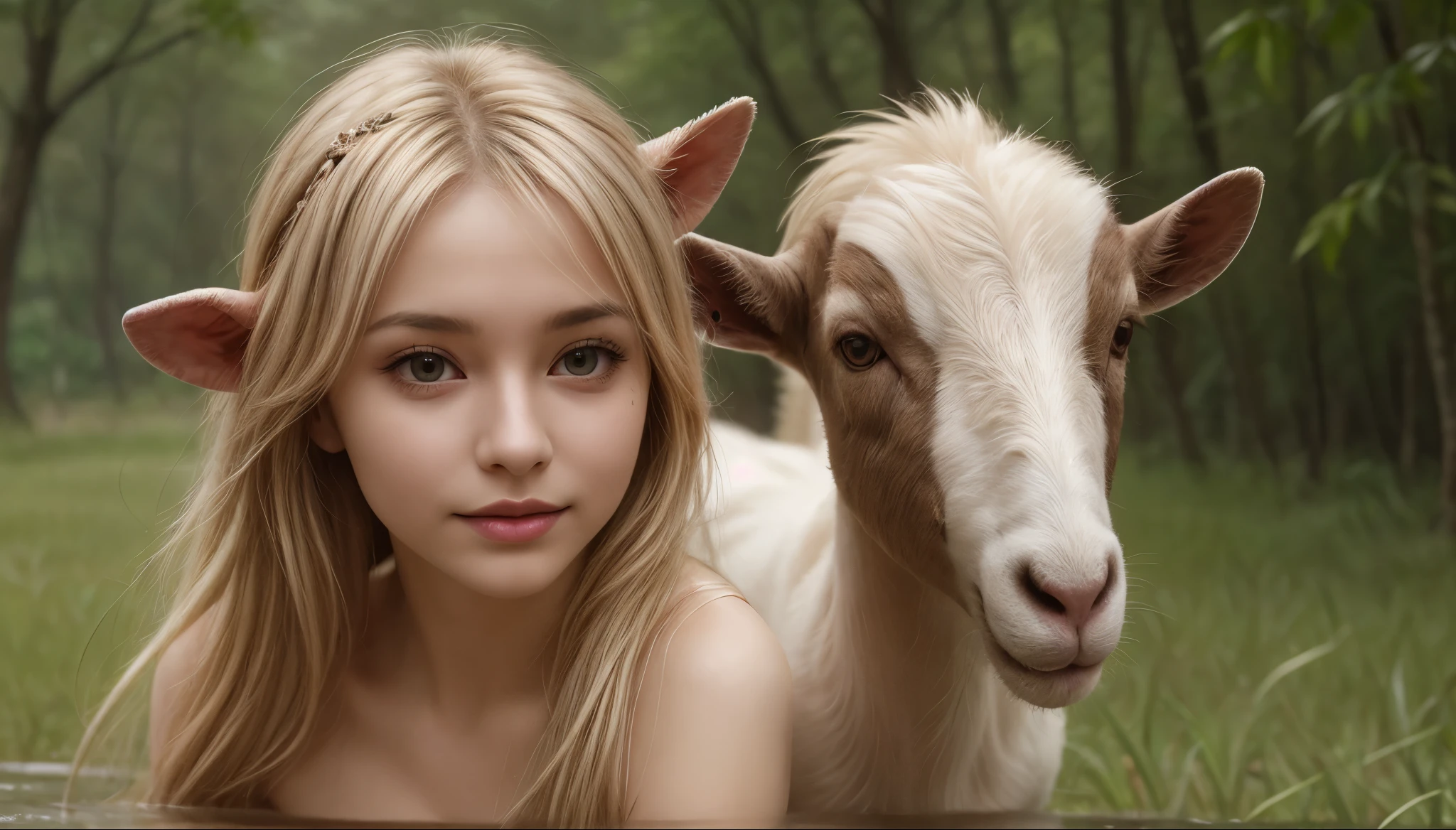 Personify the female GOAT and make her a beautiful woman.