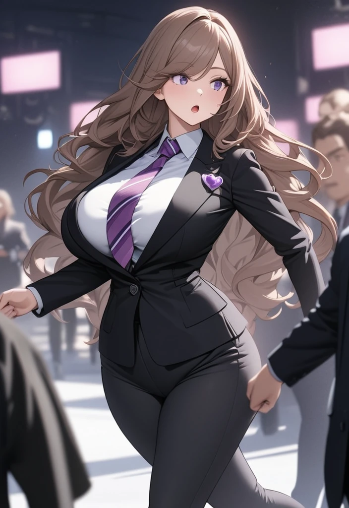 ((masterpiece)), ((high quality)),((ultra-detailed)), ((extremely detailed)),(character portrait), 4K,8K,wearing black pants suit, white collared shirt, grey pants, 2, a beautiful woman, very tall woman with great style, perfect big breasts, perfect big ass, plump ass, tight suit, slender body, 1girl, solo, middle long wavy hair, brown hair with red accent, swept bangs, perfect hands, perfect face, perfect purple eyes, perfect body, beautiful legs, pink heart background, cinema lightning, purple striped patterned necktie, cold beauty, confused, open mouth, running, side view