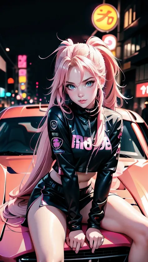 anime girl, long blonde hair with pink streaks, ponytail, pink eyes, sitting on the hood of a tuned sports car, car with anime g...