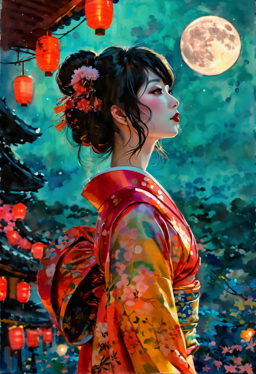 a beautiful japanese woman dressed as an oiran, standing in kyoto at night, gazing up at the moon. the scene is viewed from the ...