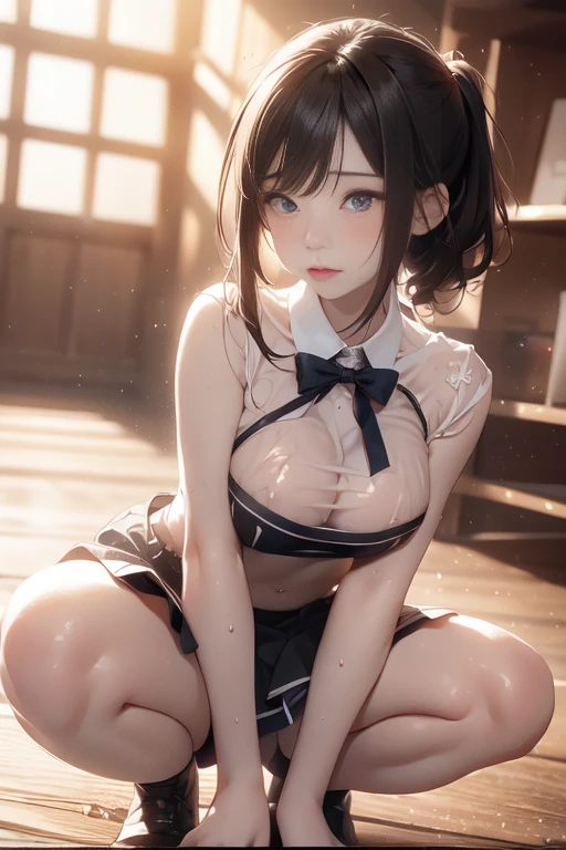 (Highest quality)), ((masterpiece)), (detailed), Natural light，Perfect Anatomy，(((Cute high school girl，Wearing a white open-collar shirt and a black skirt 1.8))),Very sexy，A young woman with a baby face，Very large breasts，Woman squatting with knees raised，Legs spread to show panties 1.5，
Beautiful woman，8-head body line，Small face，Beautiful Face，big, well-groomed eyes，Beautiful Blue Eyes，Beautiful double eyelids，Beautiful teeth alignment，Beautiful body lines，Slender body，Beautiful Hands，Slim beautiful legs，Long hands，Thin legs，Long legs，Long and supple hair，Beautiful shiny black hair,Full Body Shot，Embarrassed expression，blush，Crying face，mouth half open,（Sweat），((Steam 1.4))，Embarrassed expression，blush，humiliation，((White open collar shirt 1.3))，High school uniform open collar shirt 1.8，Not wearing a bra，White color panties 1.8,(((Valley 1.7)))，Very short mini skirt，White socks，Black Loafers，Red ribbon around neck，In front of the school gate,See-through shirt,The wind blows up my skirt,