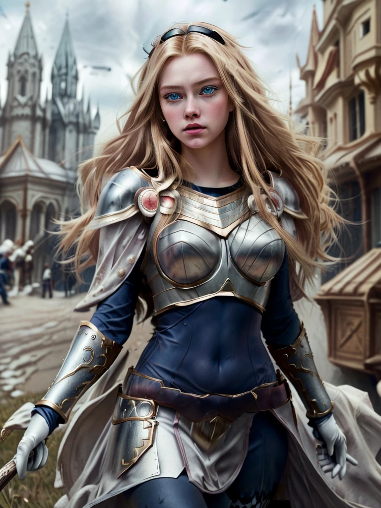 dressed as Lux, lux1 \(League of Legends\), best quality, masterpiece, illustration, (realistic, photo-realistic:1.37), amazing, finely detail, incredibly absurdres, huge filesize, ultra-detailed, highres, extremely detailed CG unity 8k wallpaper, ray tracing, 1girls, huge breasts, An artistic painting of Lux from League of Legends with glowing light power, wearing a armor, breastplate, bodysuit, white gloves, boobplate. She has long blonde hair. Lux is looking directly at the viewer with bright blue eyes and pink lips parted slightly and holding a sword, The background is clock tower., 24mm, 4k textures, soft cinematic light, adobe lightroom, photolab, hdr, intricate, elegant, highly detailed, sharp focus, ((((cinematic look)))), soothing tones, insane details, intricate details, hyperdetailed, low contrast, soft cinematic light, exposure blend, hdr, faded, (painted lips:1.1), ((looking straight at the camera:1.1))