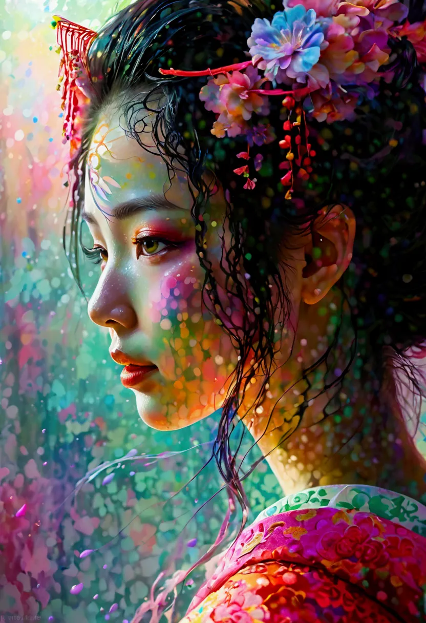 a close-up of a beautiful japanese woman dressed as an oiran, her face enveloped in a mystical, rainbow-colored mist. she has an...